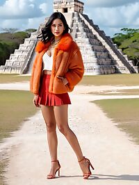 A stunning woman with black hair and brown eyes strolls through ancient Chichen Itza in evening light