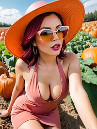 A 41 year old woman with burgundy hair and brown eyes in a pink halter dress