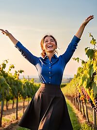 The 42 year old woman with dark blue squinty eyes and light brown hair in a bun stands tall amidst the golden hour vineyard glow